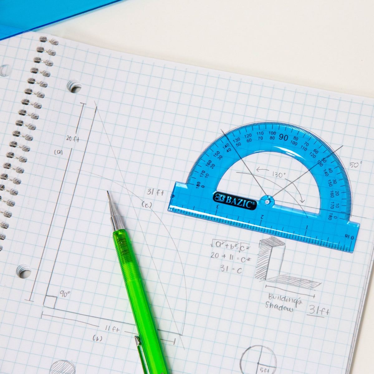 5-Piece Geometry Set, Ruler, Triangles, Protractor, Template