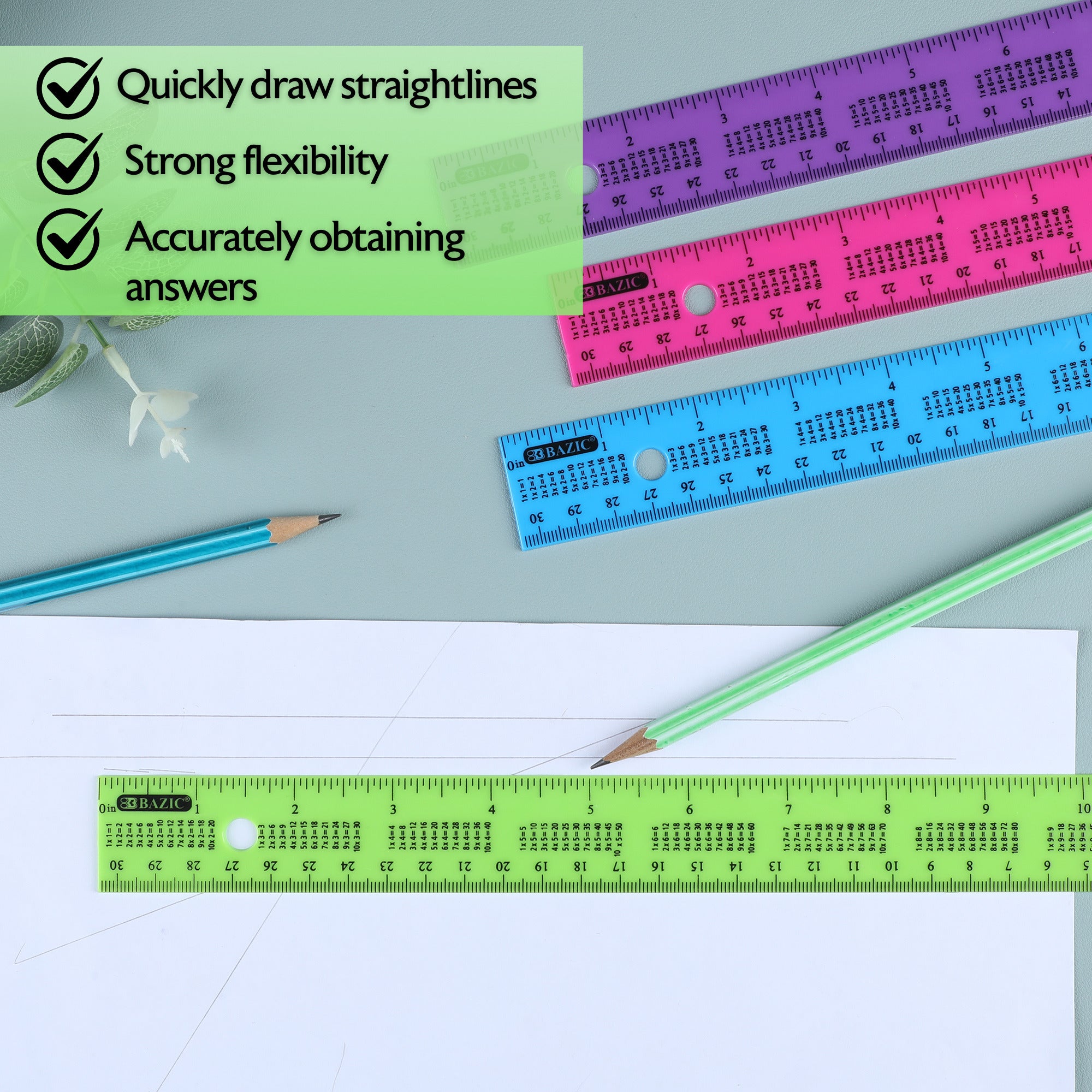 12" (30cm) Ruler w/ Multiplication Prints (4/Pack)
