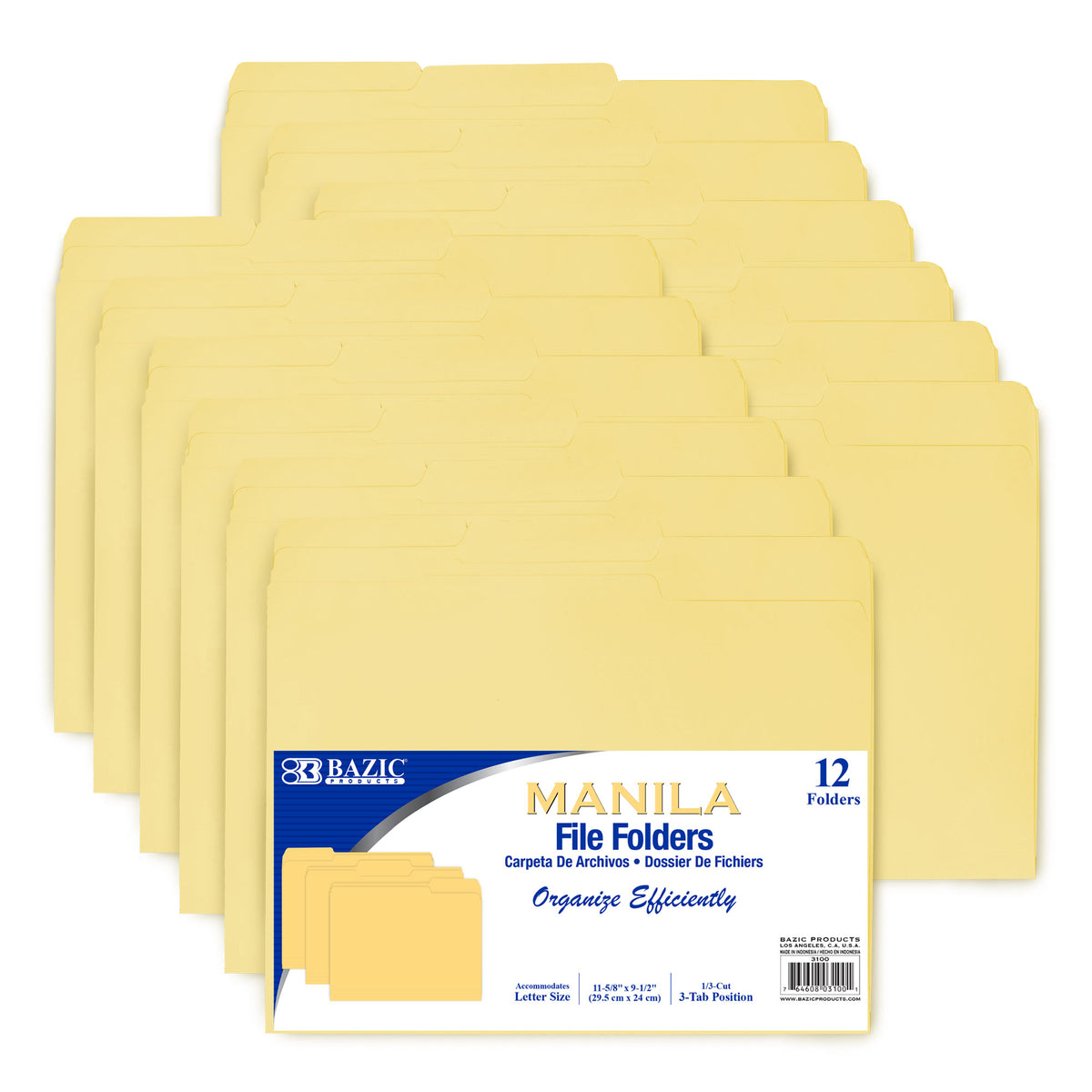 BAZIC Manila File Folder, 1/3-Cut Tab, Letter, 12 folders