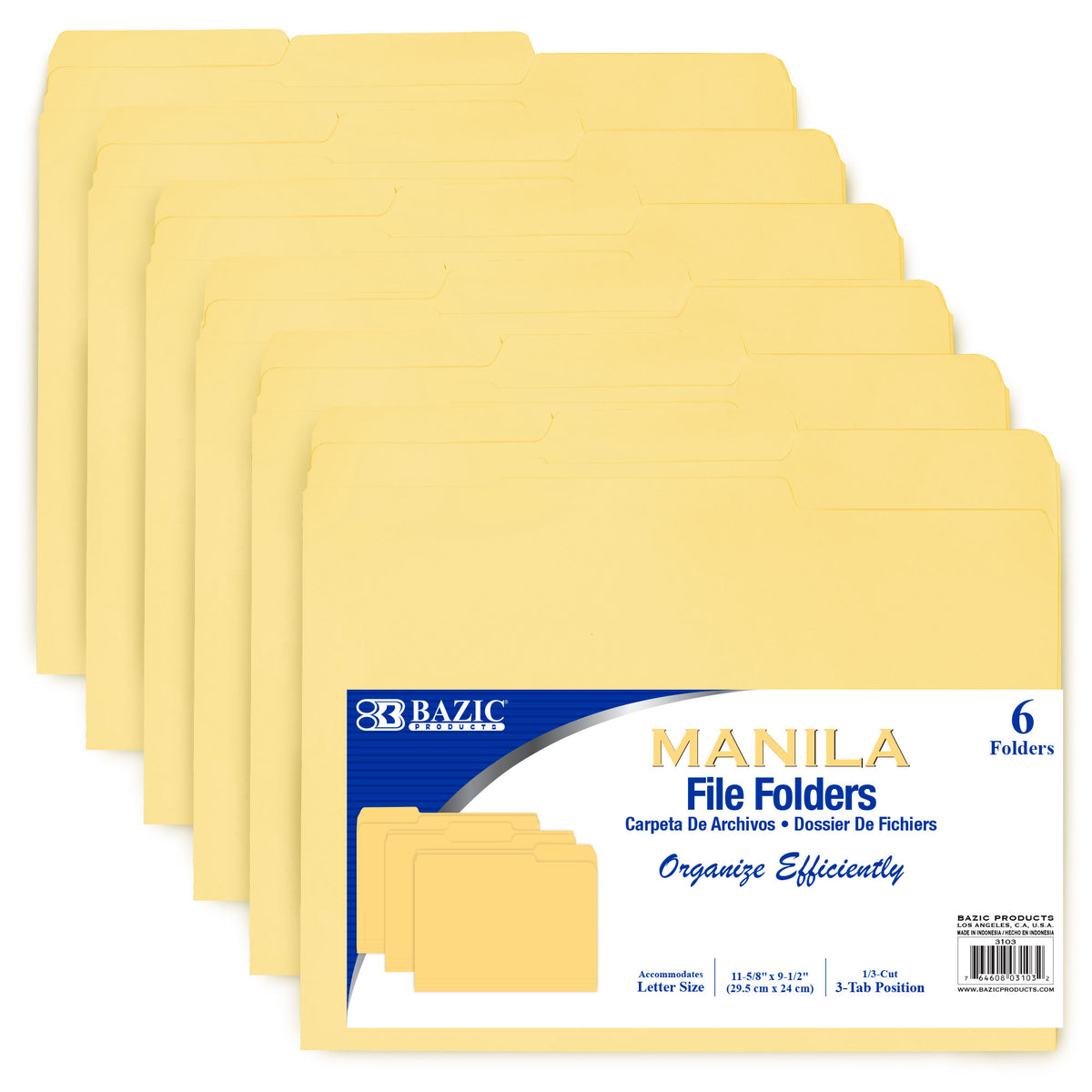 BAZIC Manila File Folder, 1/3-Cut Tab, Letter, 9 folders