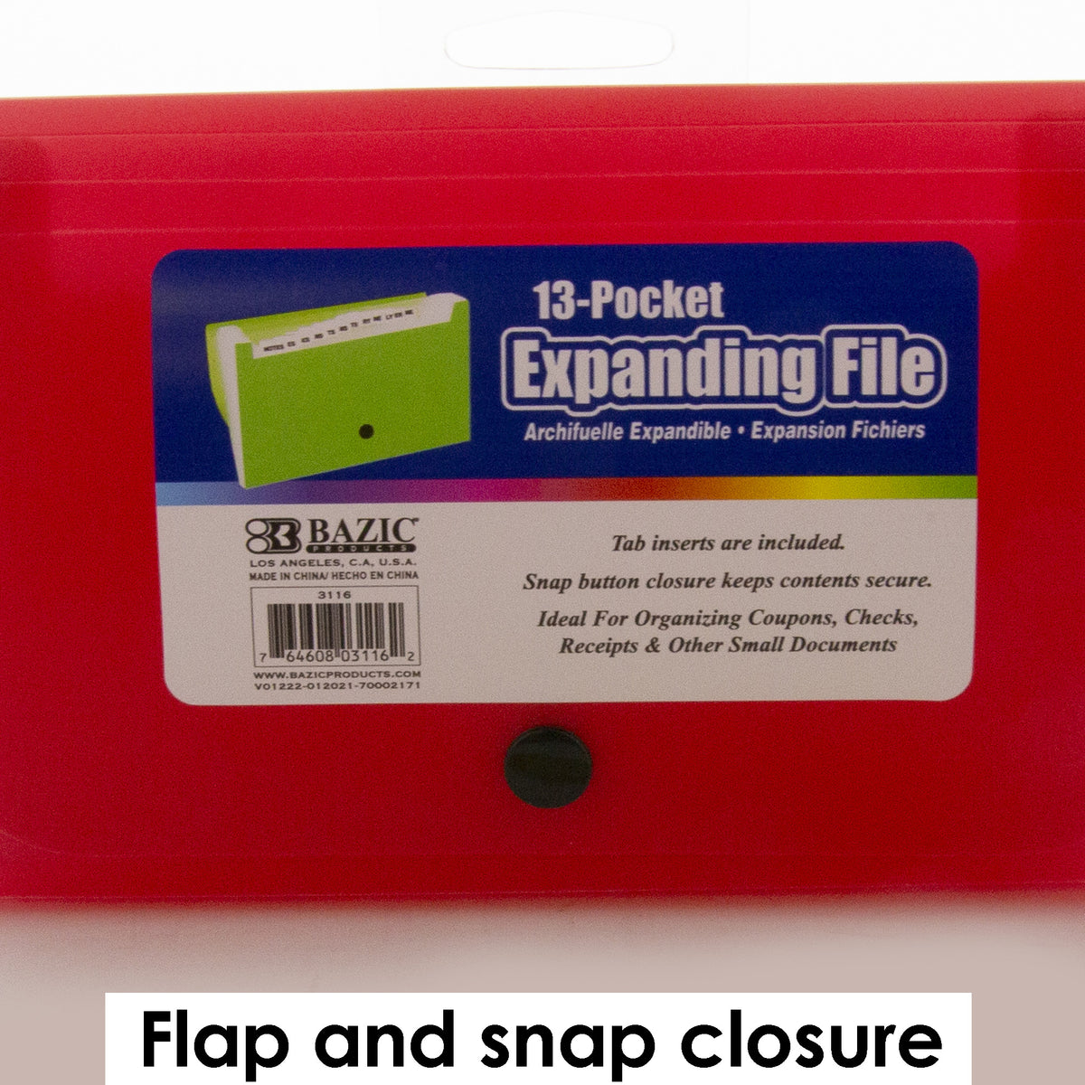 Red file with flap and snap closure; label states 13 pockets, tab inserts included, for coupons, checks and receipts.