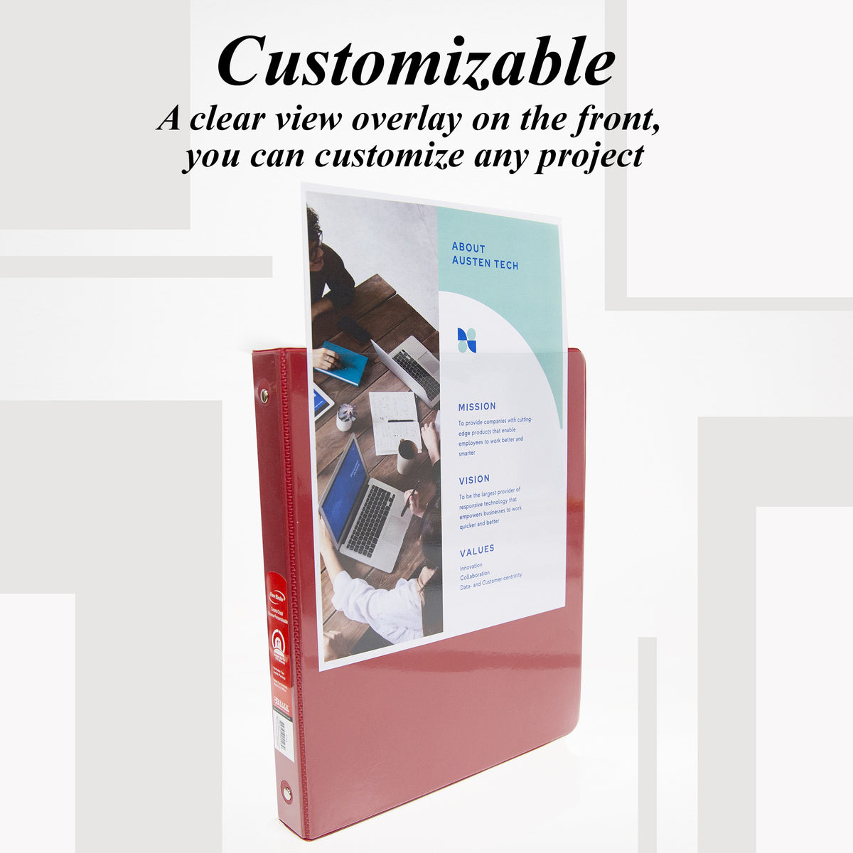 Customizable clear front overlay on a red binder, shown with a printed project cover partially inserted.