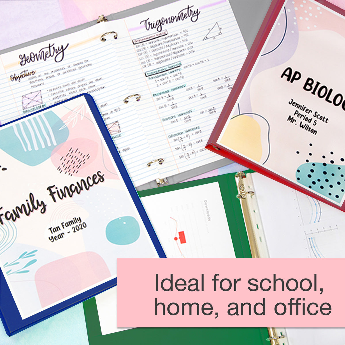 Blue, red, green and gray binders hold notes and custom cover inserts. Ideal for school, home, and office.
