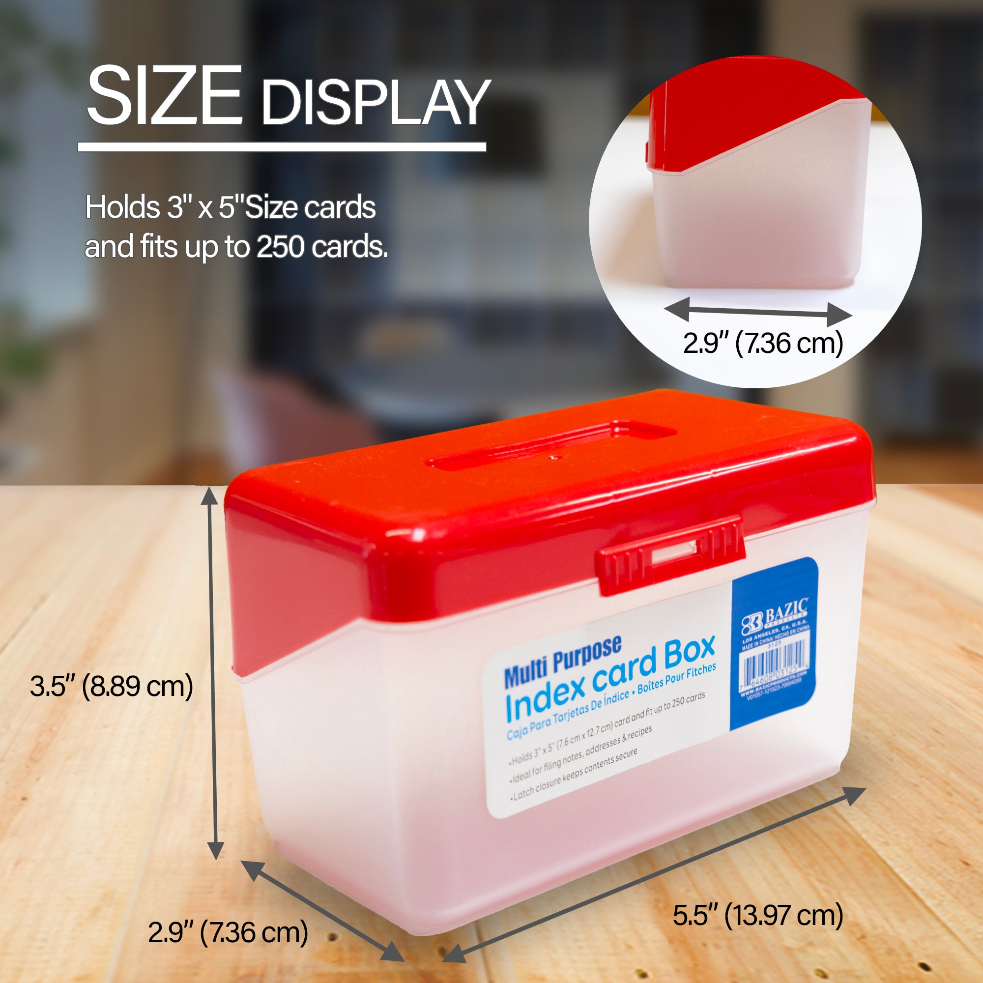 Index Card File Box, 3 x 5 in, Holds 250 Cards