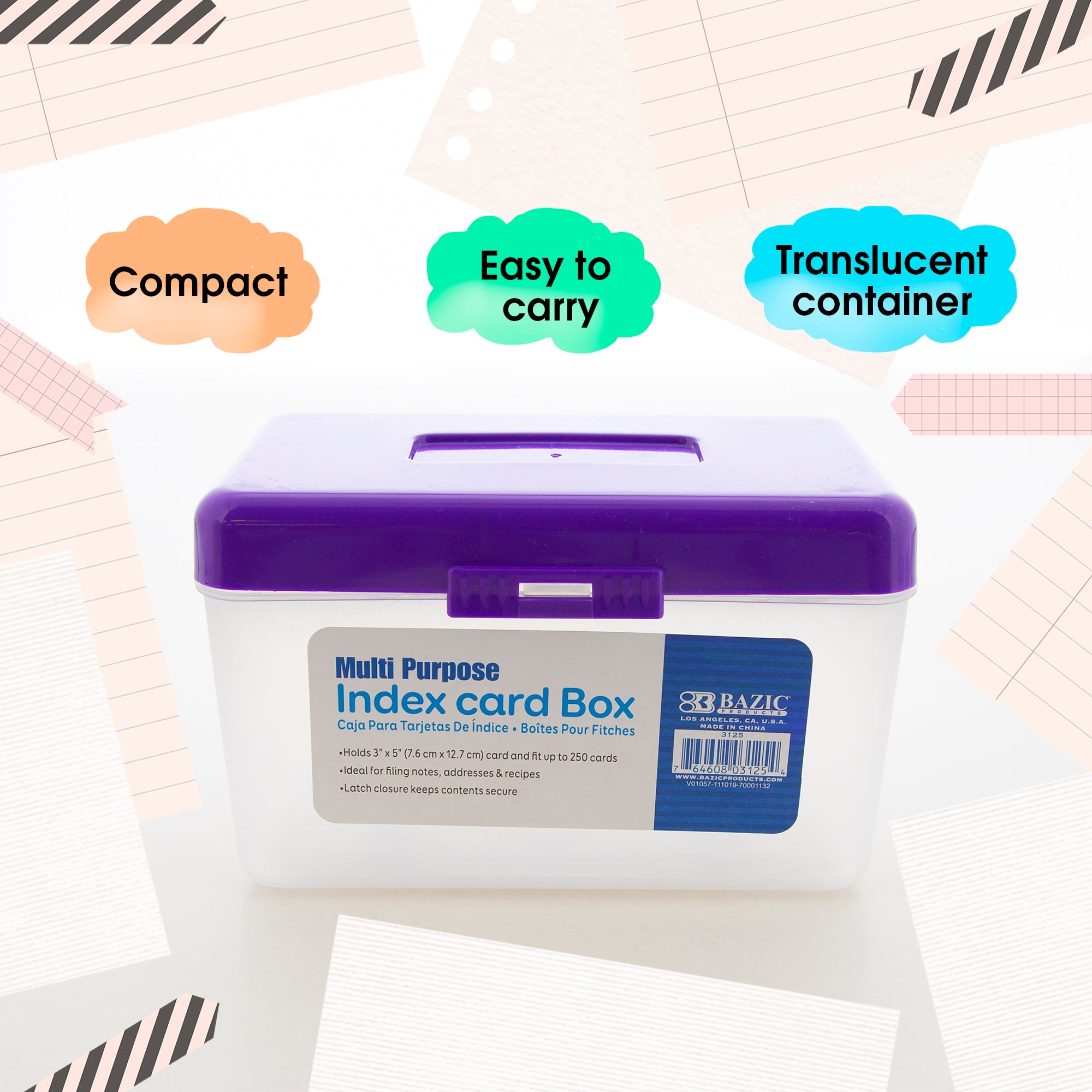 Index Card File Box, 3 x 5 in, Holds 250 Cards