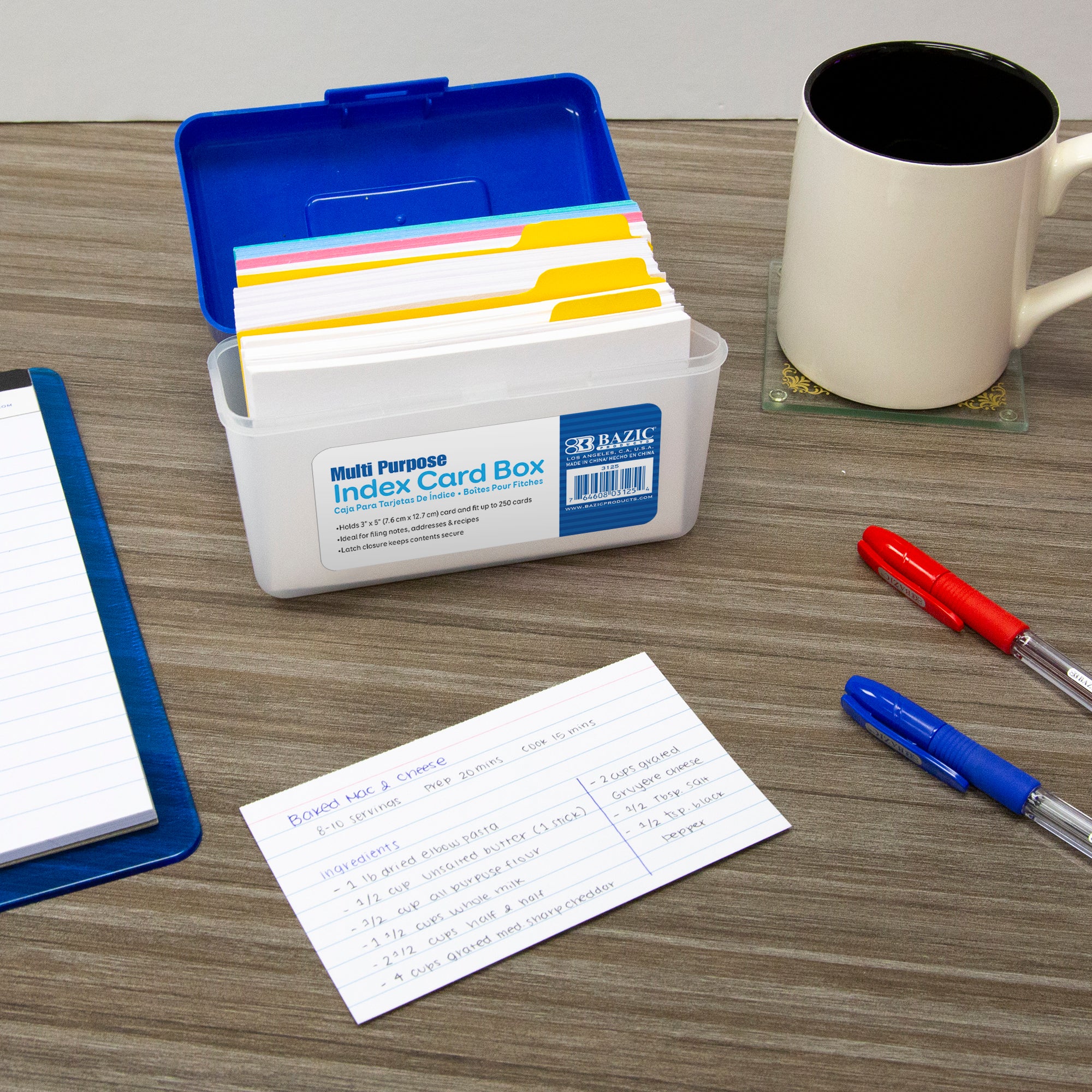 Index Card File Box, 3 x 5 in, Holds 250 Cards