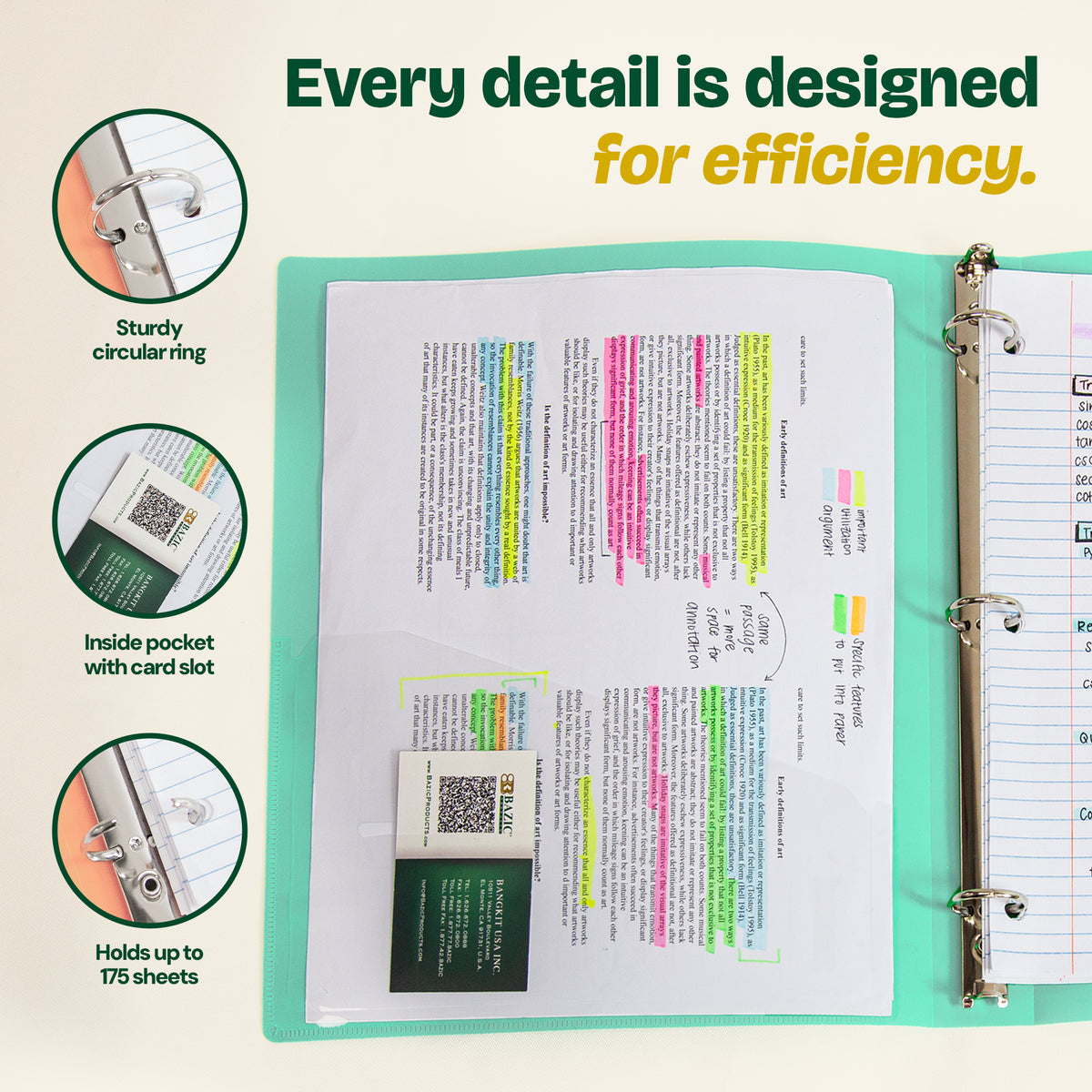 1" Pastel Color Poly 3-Ring Binder, 1 Pocket