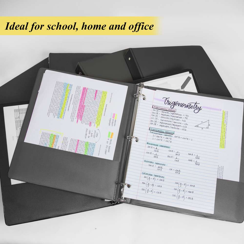 1" Black 3-Ring Binder, Round Ring, 2 Pockets