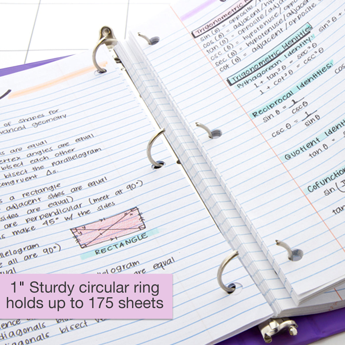 Open purple binder with lined notes and three rings; sturdy 1-inch circular rings hold up to 175 sheets.
