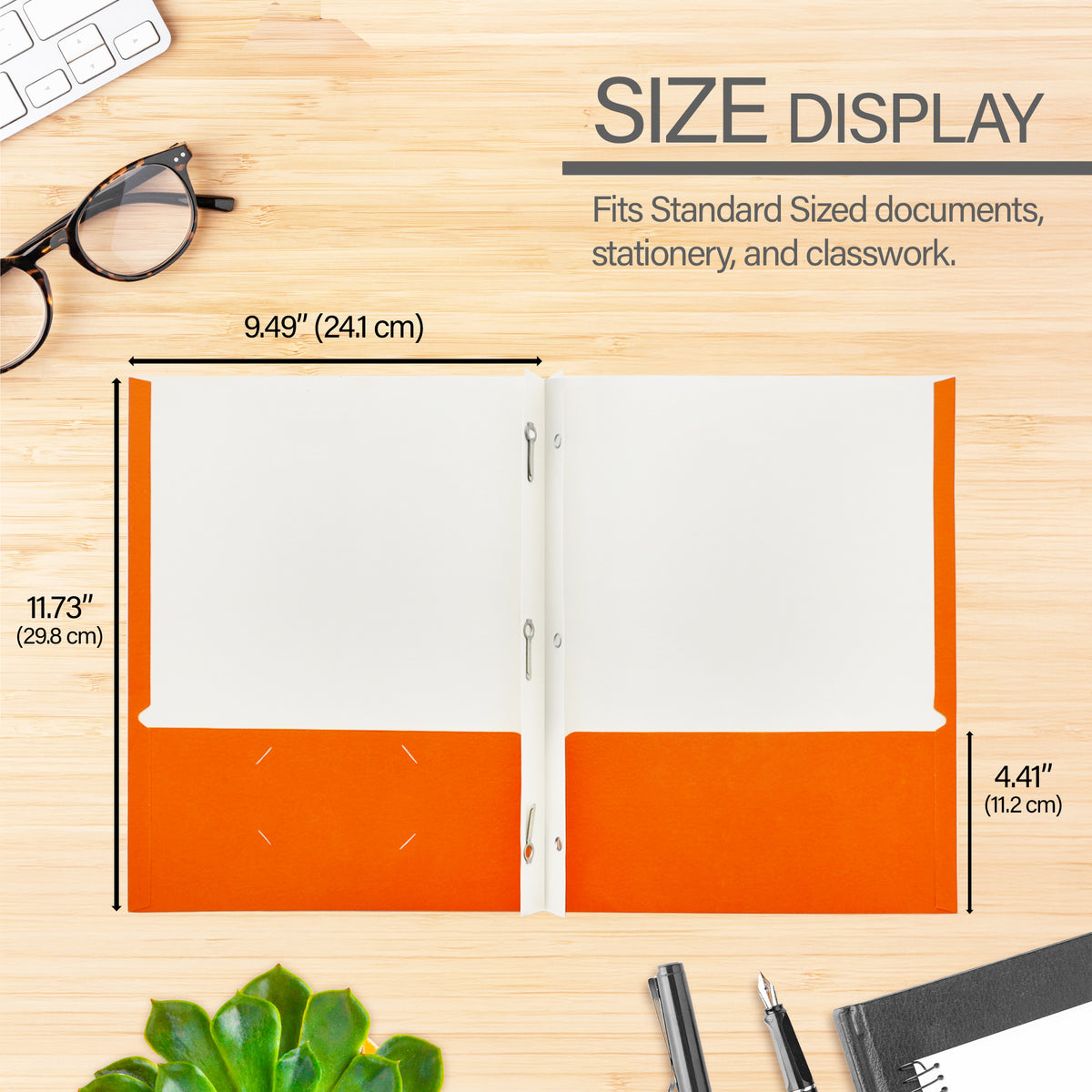 Open orange folder: 9.49 x 11.73 in (24.1 x 29.8 cm); pockets 4.41 in (11.2 cm) high. Fits standard documents.