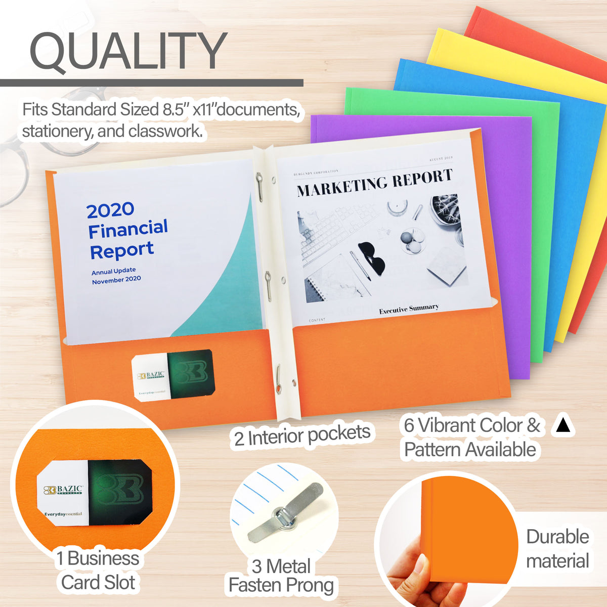 Fits 8.5 x 11-inch sheets; 2 pockets, 1 business card slot, 3 metal prongs, durable material; 6 colors and patterns.