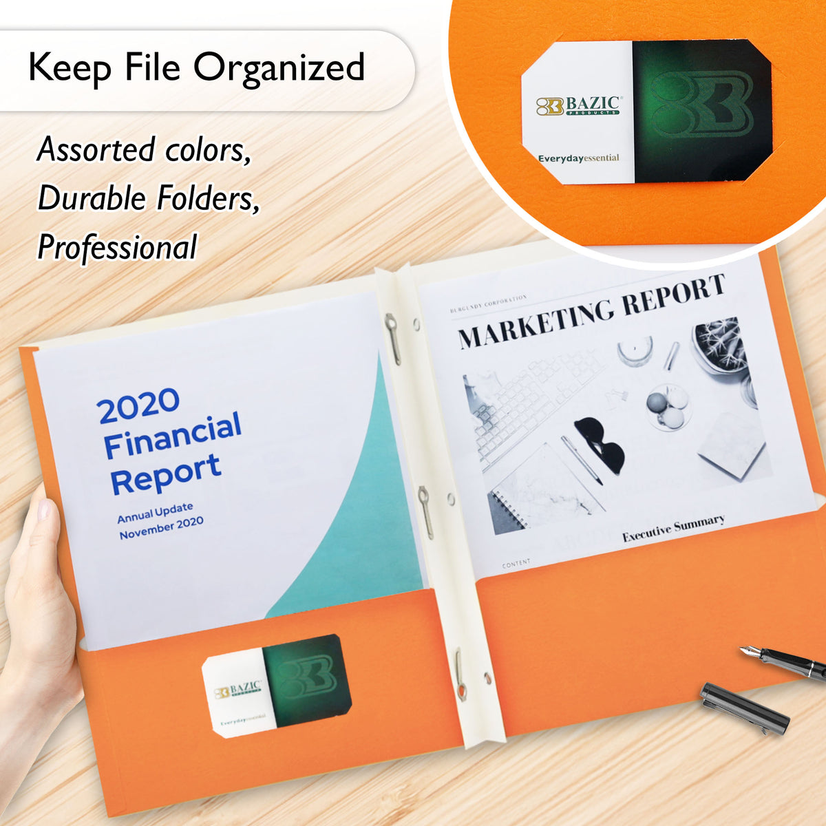 Keep files organized. Assorted colors, durable, professional folders. Orange folder with prongs, pockets and card slot.