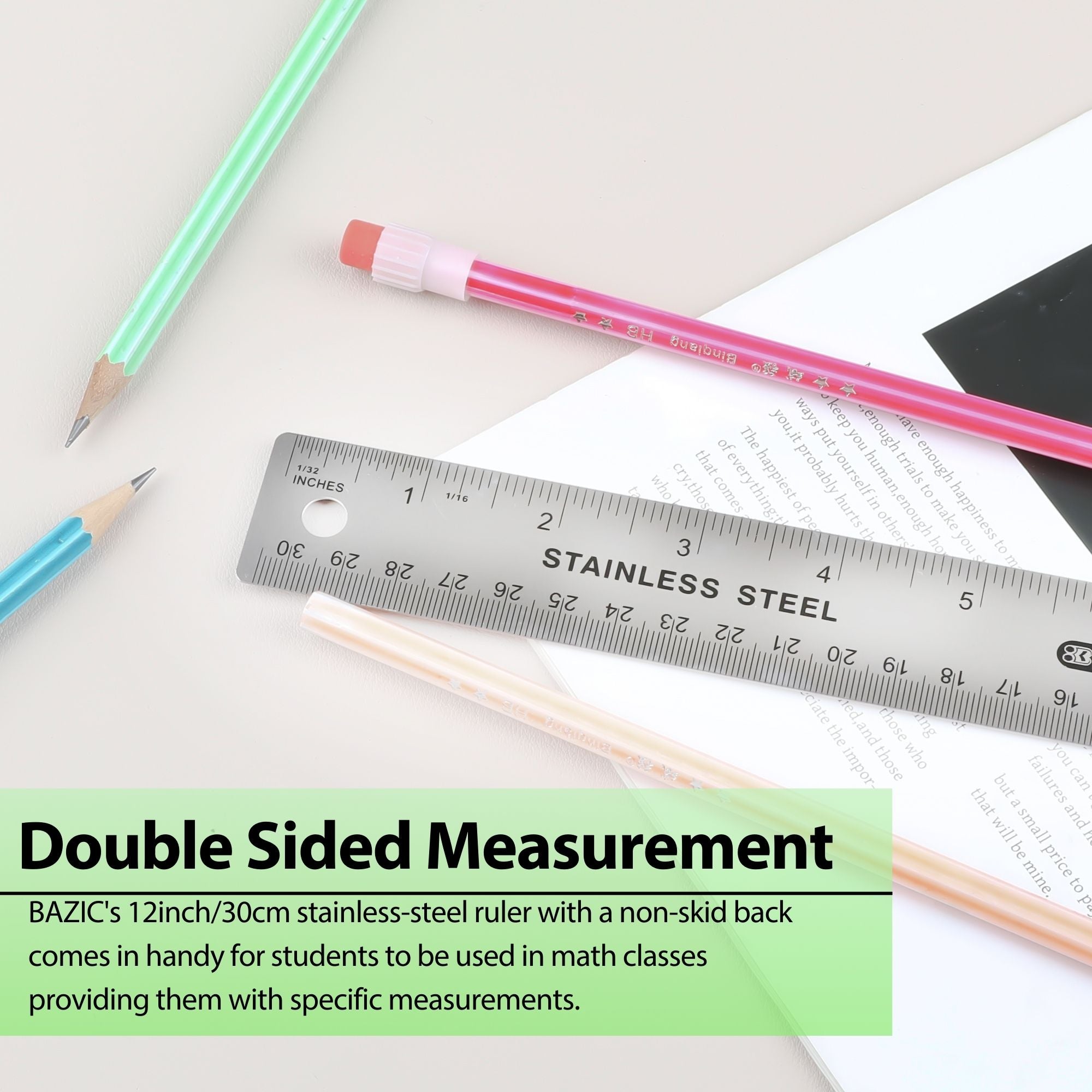12 in Stainless Steel Ruler, Non-Skid Back