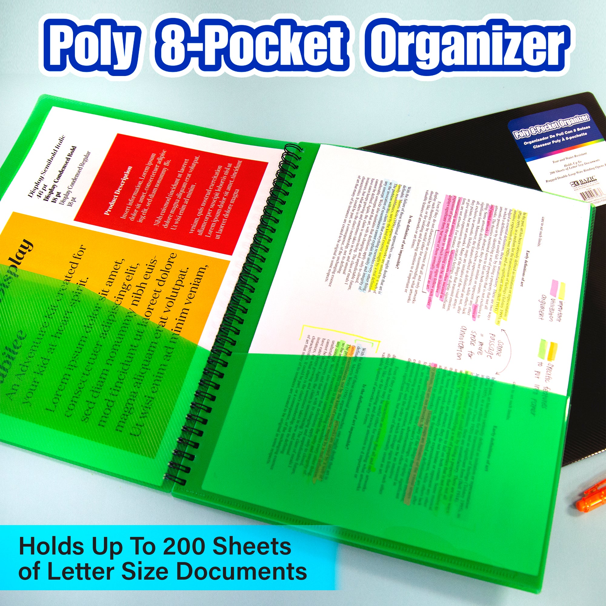 Assorted Color Poly 8-Pocket Organizer, Letter Size