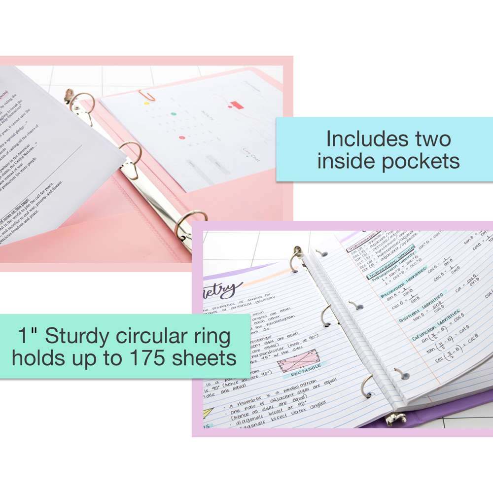 Open pink and purple binders with two inside pockets and sturdy 1-inch circular rings that hold up to 175 sheets.