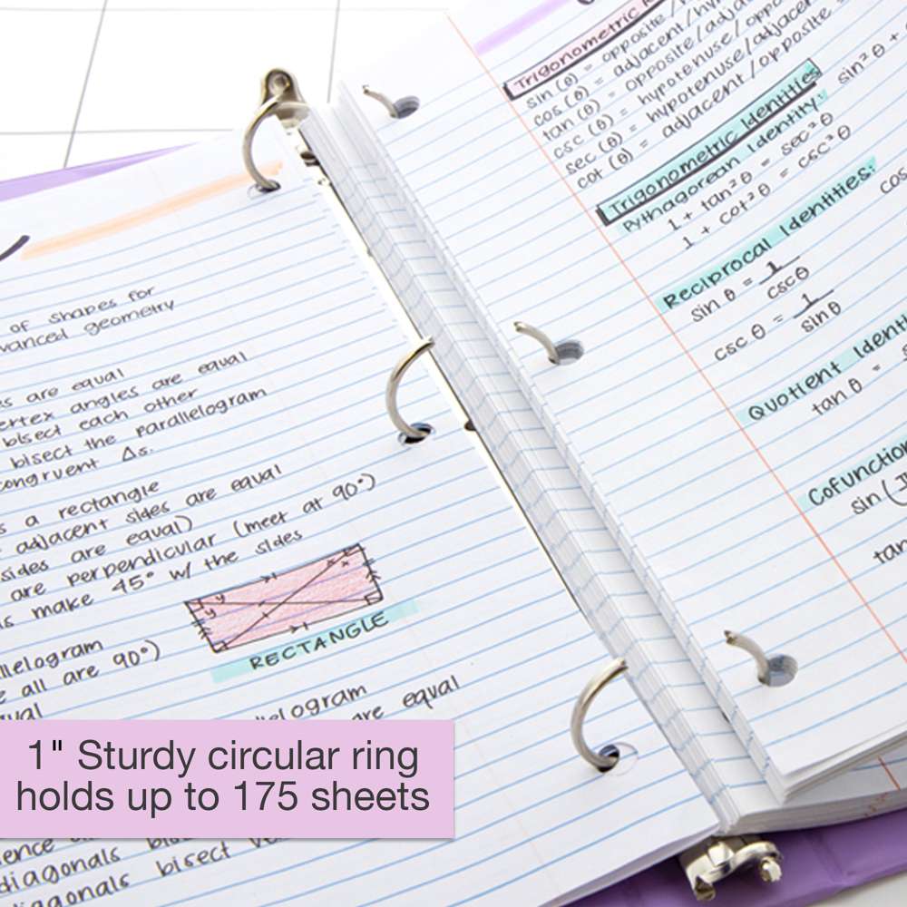 Open pastel purple binder with handwritten notes; sturdy 1-inch circular rings hold up to 175 sheets.