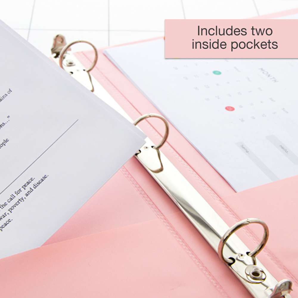 Open pastel pink binder with three metal rings and papers tucked into pockets. Includes two inside pockets.