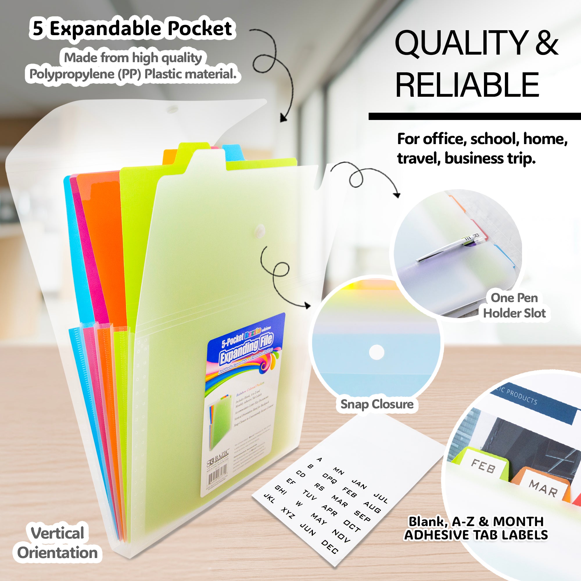 BAZIC Expanding File Folder Letter Size Vertical Poly 5-Pocket