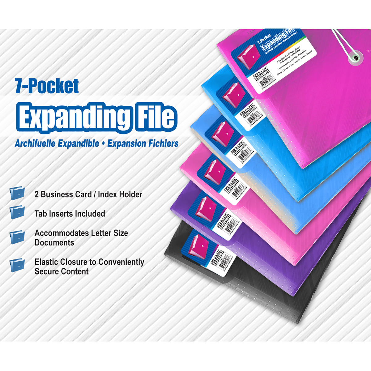 7-pocket files fit letter-size documents; 2 business card/index holders, tab inserts included, and elastic closure.