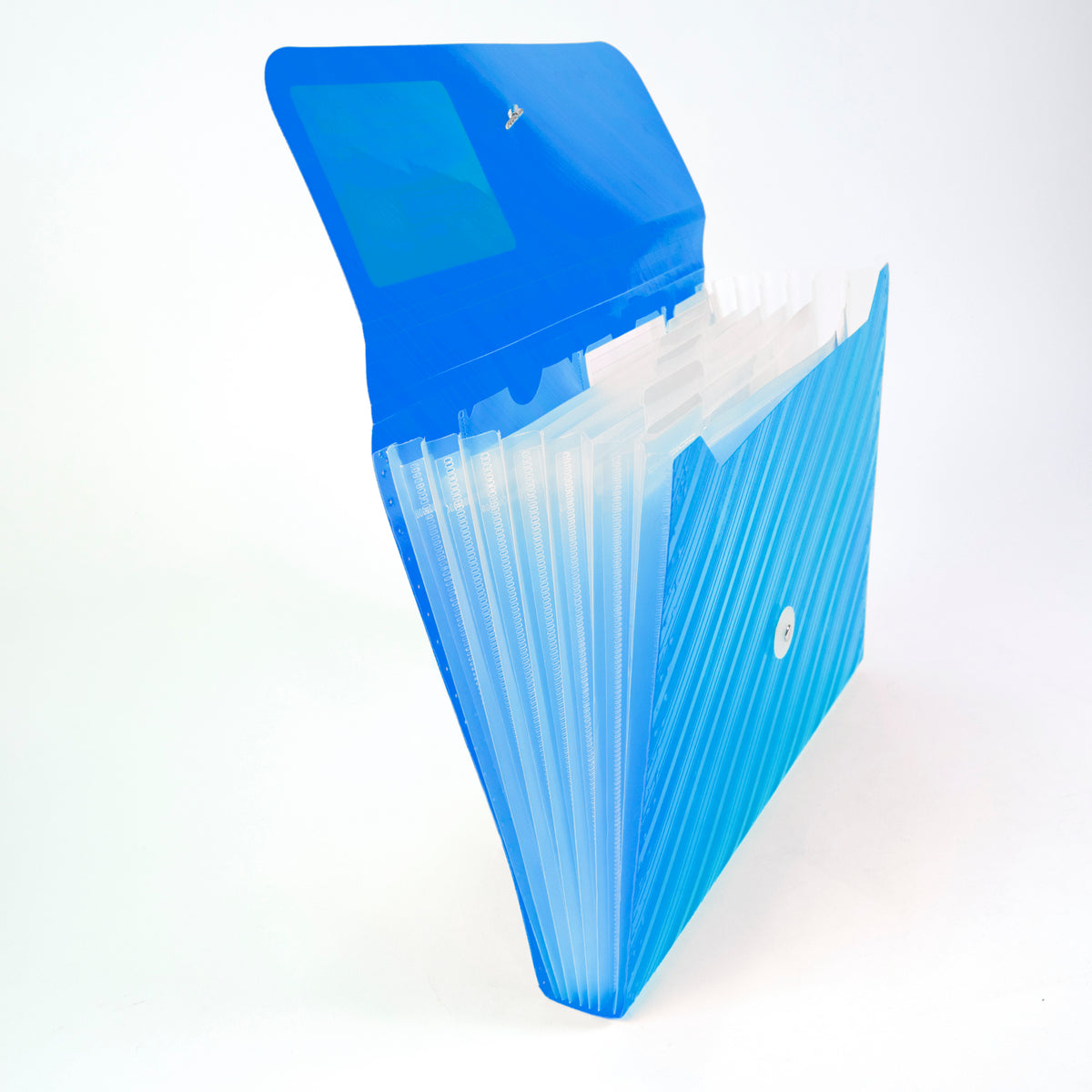 Blue translucent expanding folder shown open, with clear tabbed dividers, accordion sides and a snap closure.