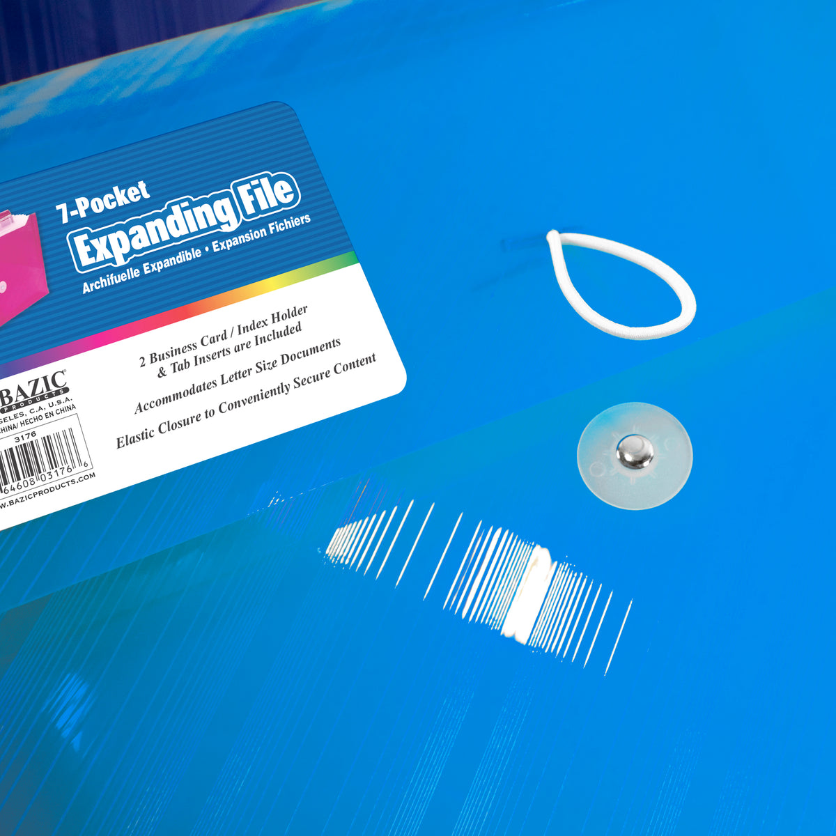 Blue file with label: 7 pockets, letter size, 2 business card/index holders and tab inserts included; elastic closure.
