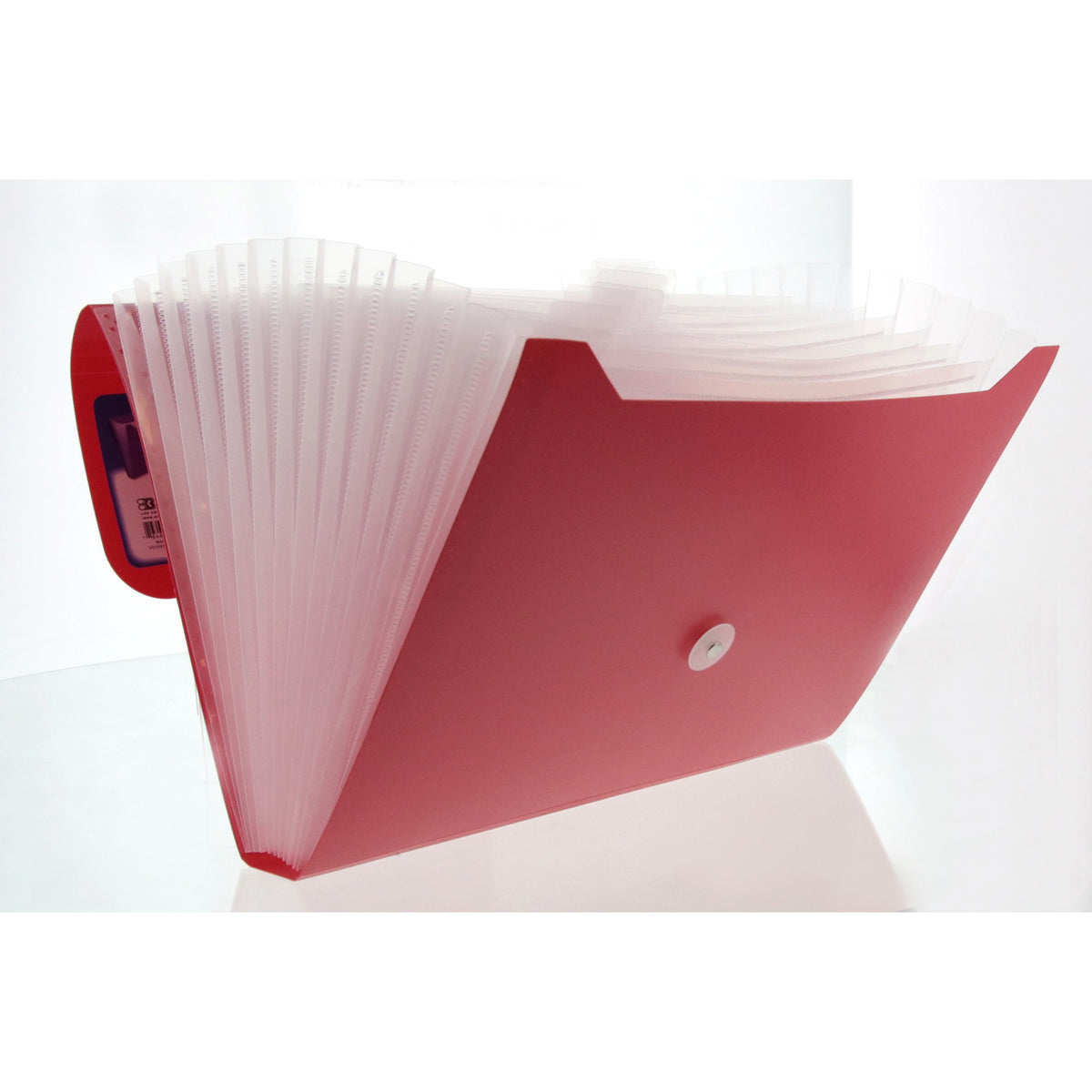 Red expanding file opened wide to show translucent accordion pockets, index tabs and a white closure button.
