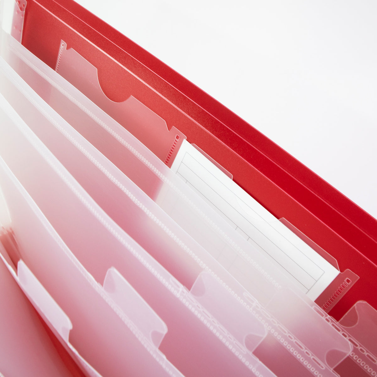 Close-up of a red expanding file with translucent tabbed dividers and lined paper in a pocket.