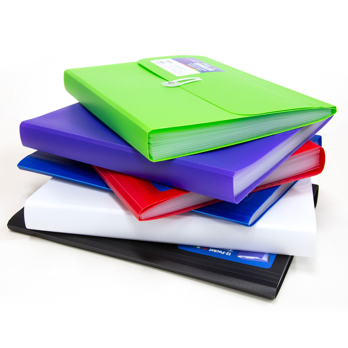 Six stacked expanding folders in green, purple, red, blue, white and black, with translucent pockets and flap closures.
