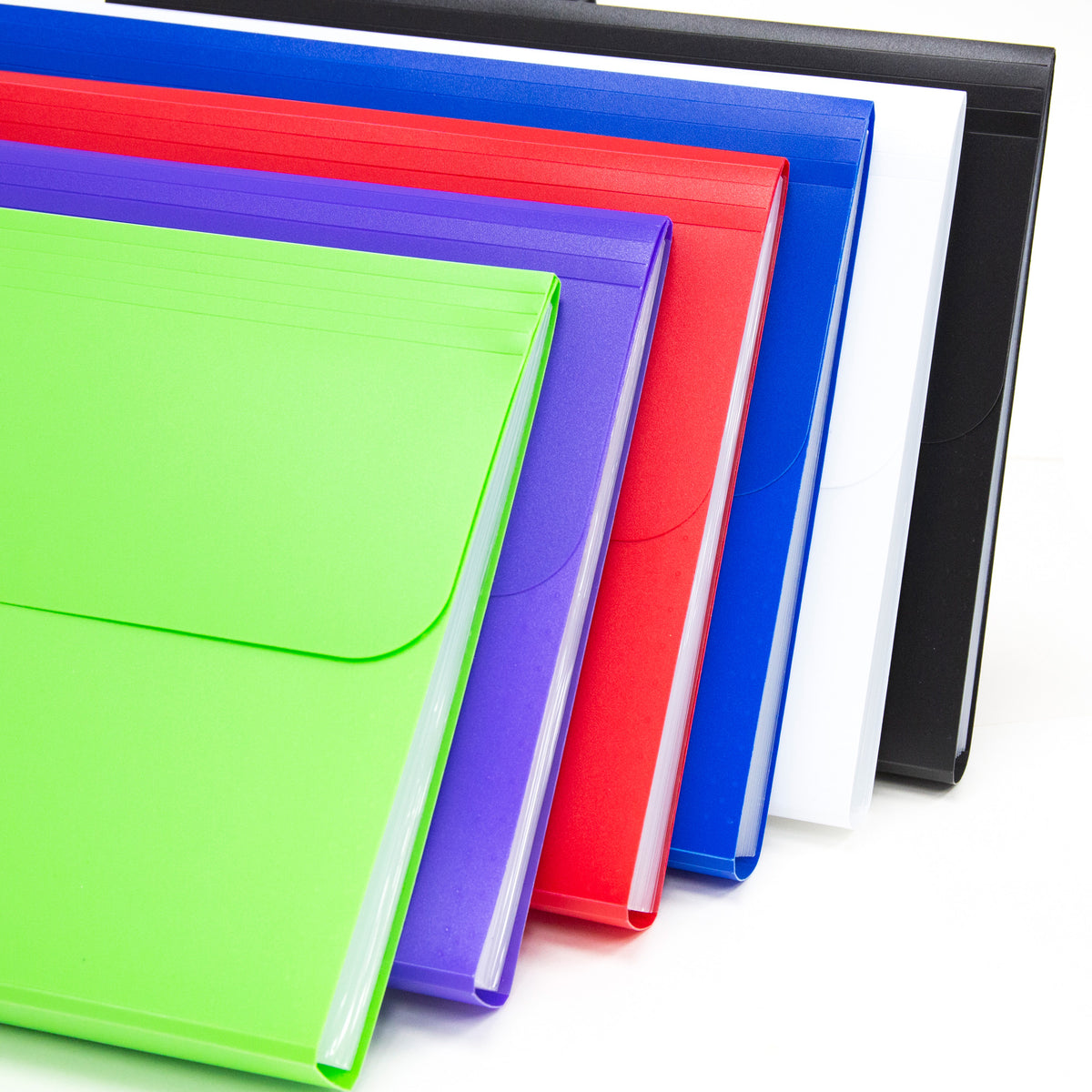 Six expanding files arranged in a fan, with flap covers in green, purple, red, blue, white and black.