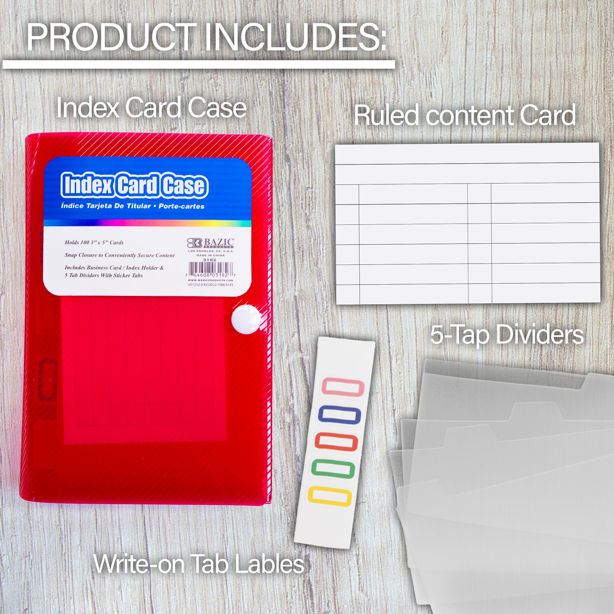 3 x 5 in Index Card Case, 5-Tab Dividers, Holds 100