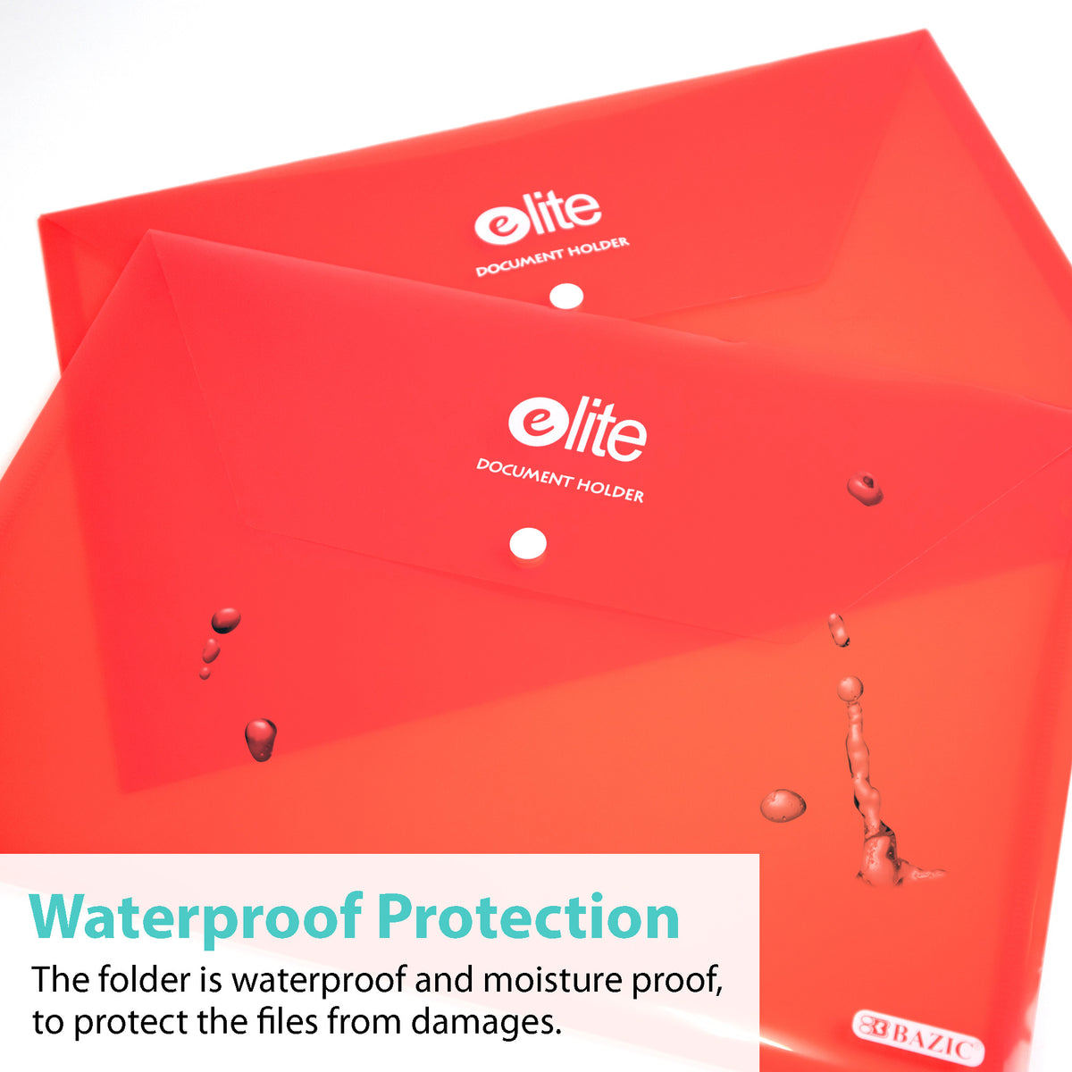 Two red snap-closure document holders with water droplets. Waterproof and moisture-proof protection for files.