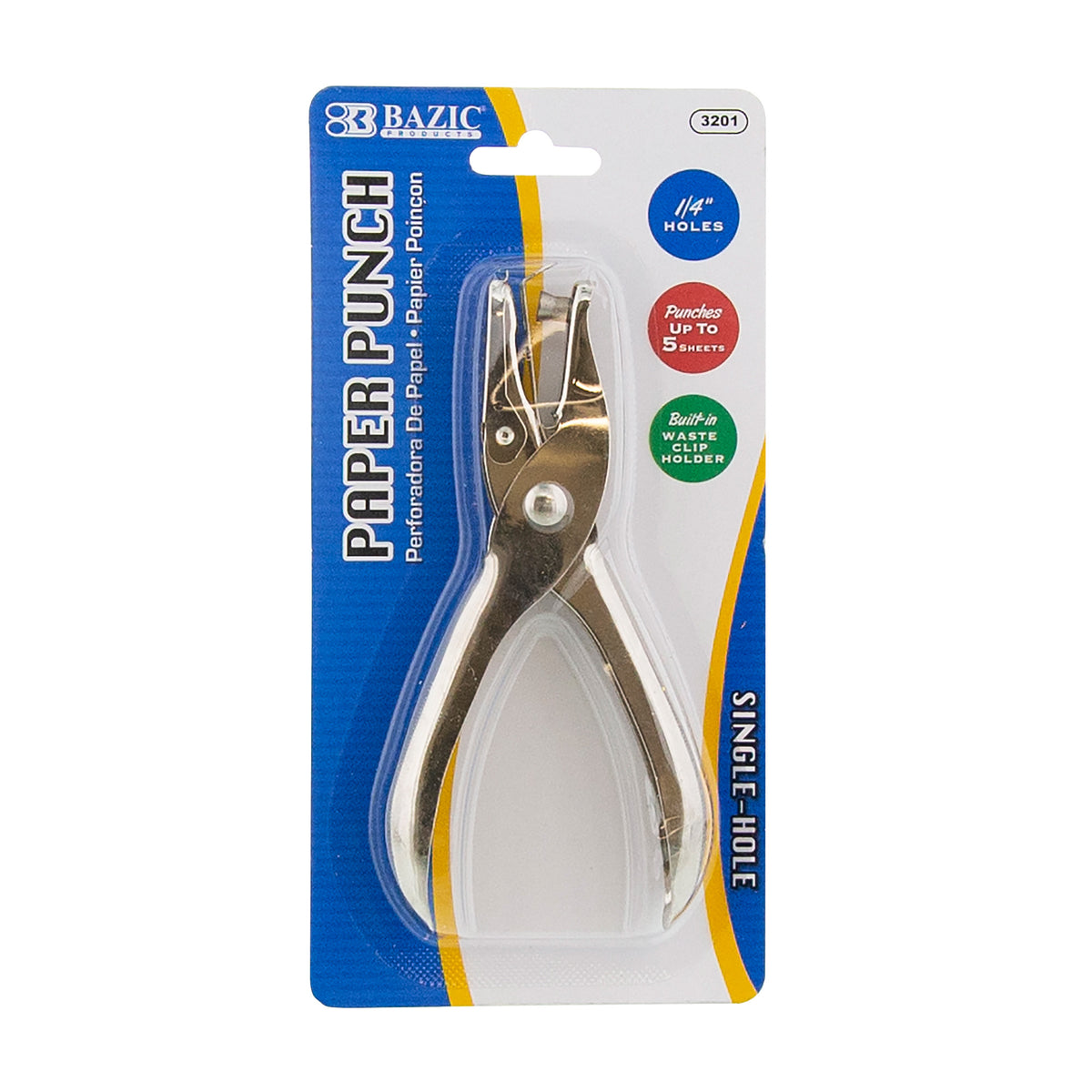 BAZIC Single Hole Paper Punch, 5-Sheet, Metal