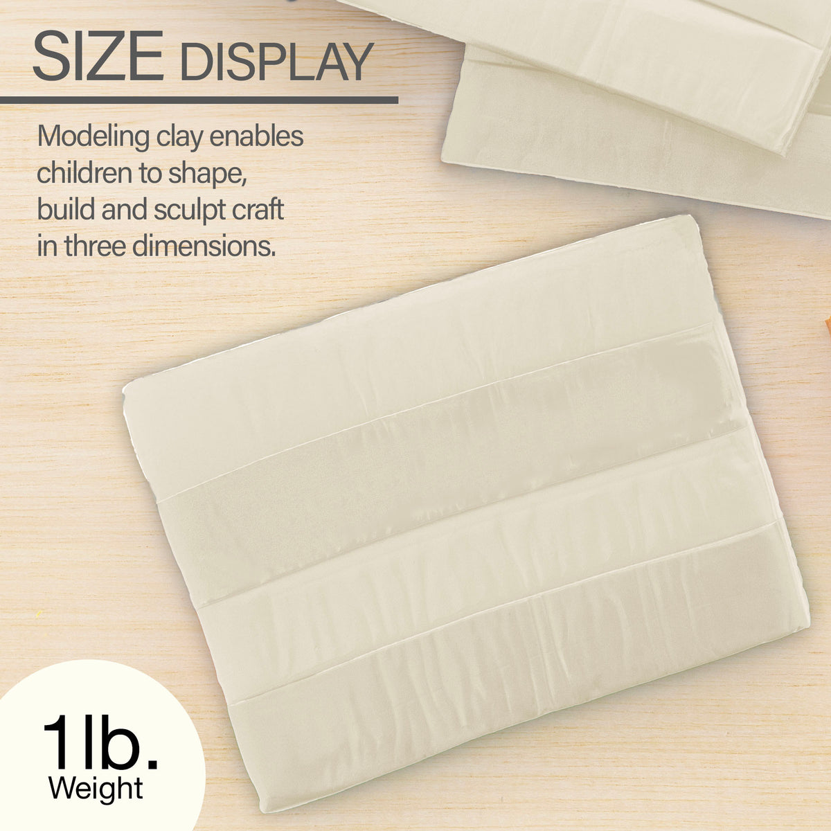 Cream clay slab with four sections; 1 lb. weight. Enables children to shape, build and sculpt crafts in three dimensions.