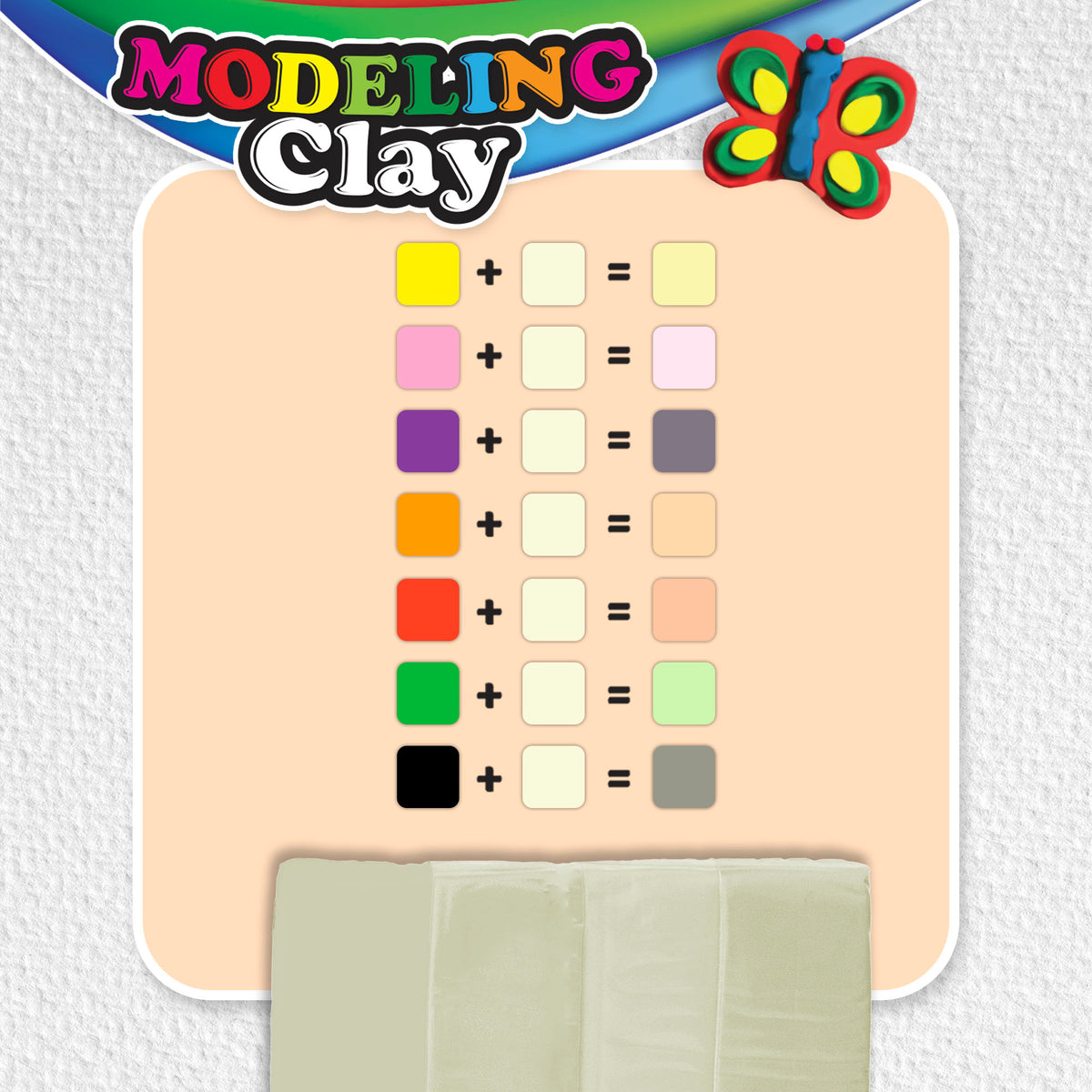 Modeling clay color chart: mix cream with yellow, pink, purple, orange, red, green or black to create lighter shades.