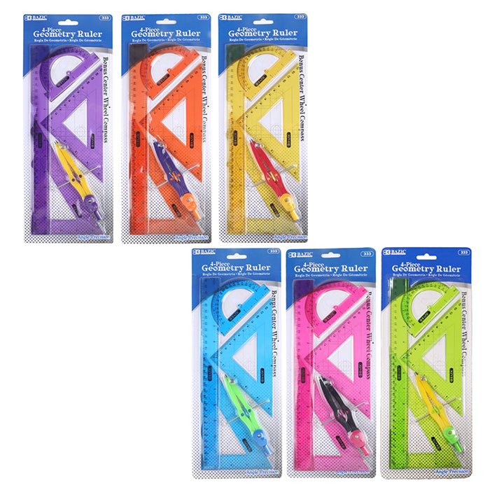 4-Piece Geometry Math Set, Ruler Protractor Compass