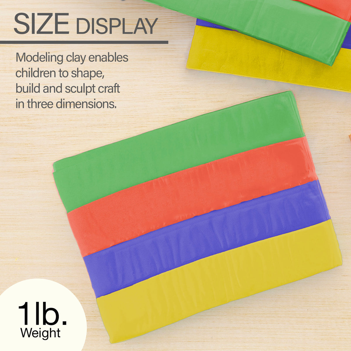 Green, red, blue and yellow clay bars, 1 lb total; for children to shape, build and sculpt in three dimensions.