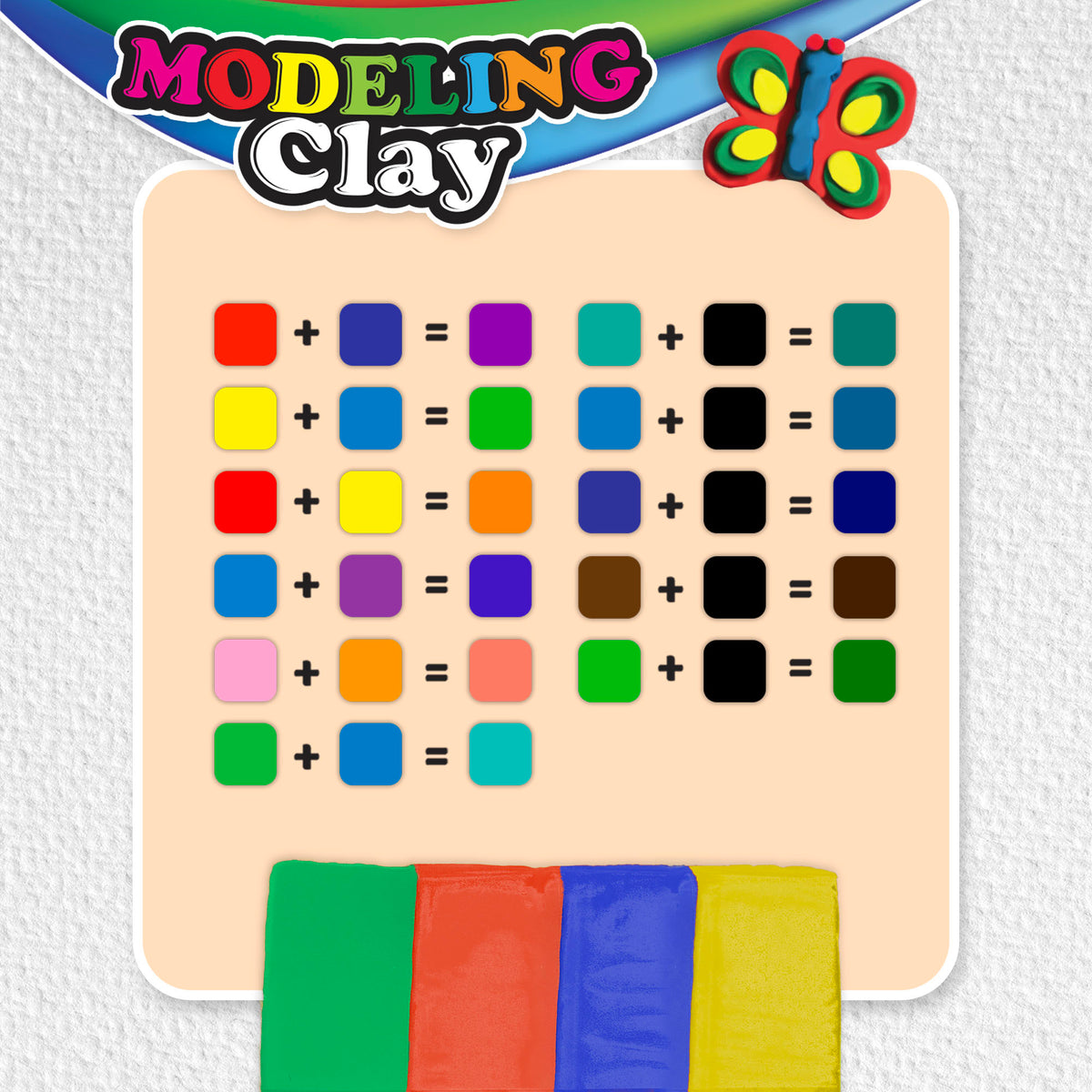 Modeling clay color chart: red + blue = purple, yellow + blue = green, red + yellow = orange; black darkens colors.
