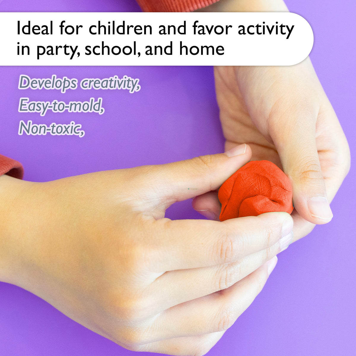 Hands mold red clay. Non-toxic, easy to mold; develops creativity. For children's party favors, school and home.
