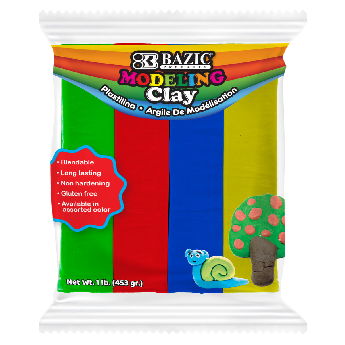 Package of green, red, blue and yellow clay, 1 lb (453 g); blendable, long lasting, non hardening, gluten free.