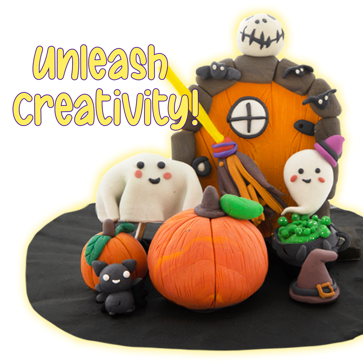 Unleash creativity! Halloween clay scene with pumpkins, ghosts, bats, a black cat, broom and bubbling cauldron.