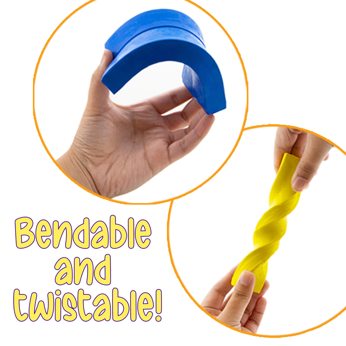 Bendable and twistable! Hands demonstrate bending blue clay into an arch and twisting yellow clay.