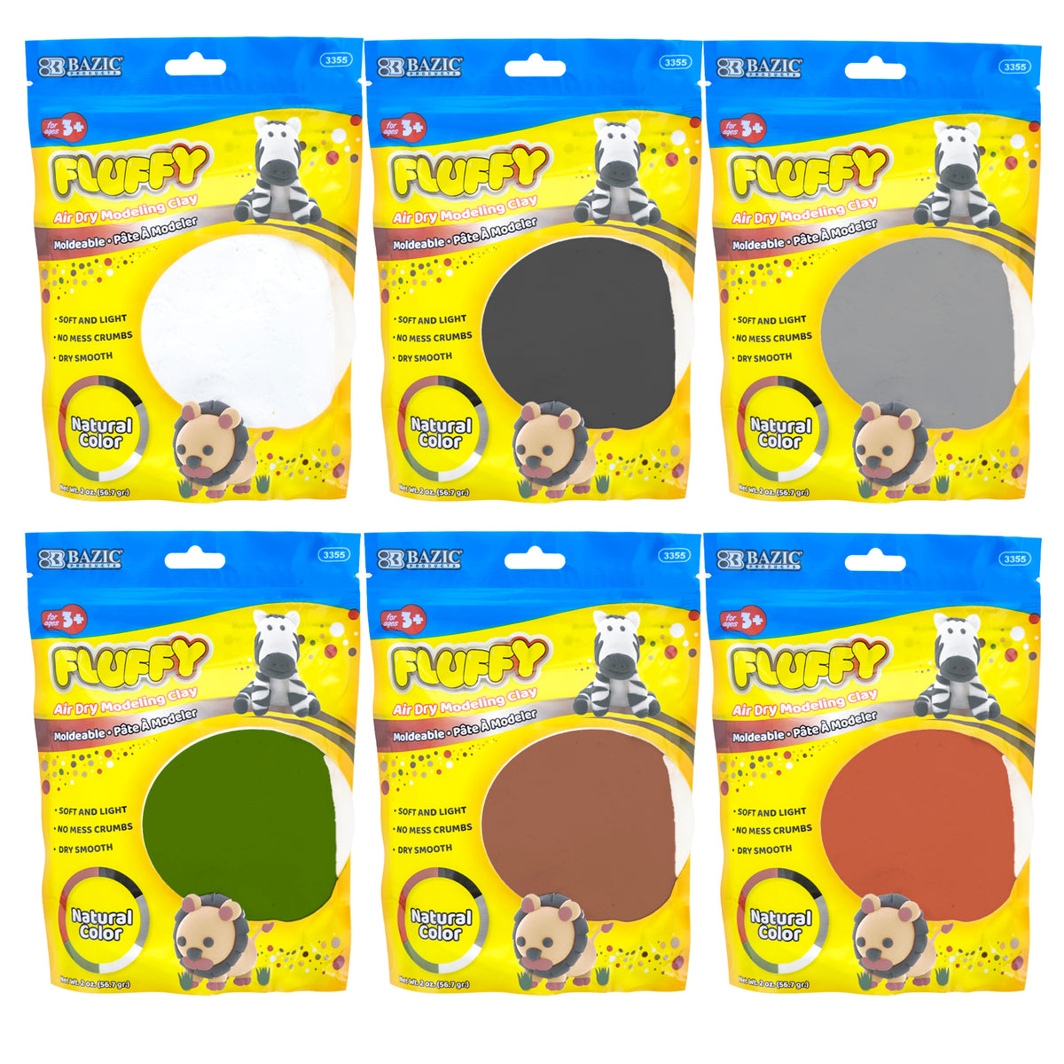 BAZIC Natural Color Air Dry Modeling Clay, 6 Colors, 2 oz