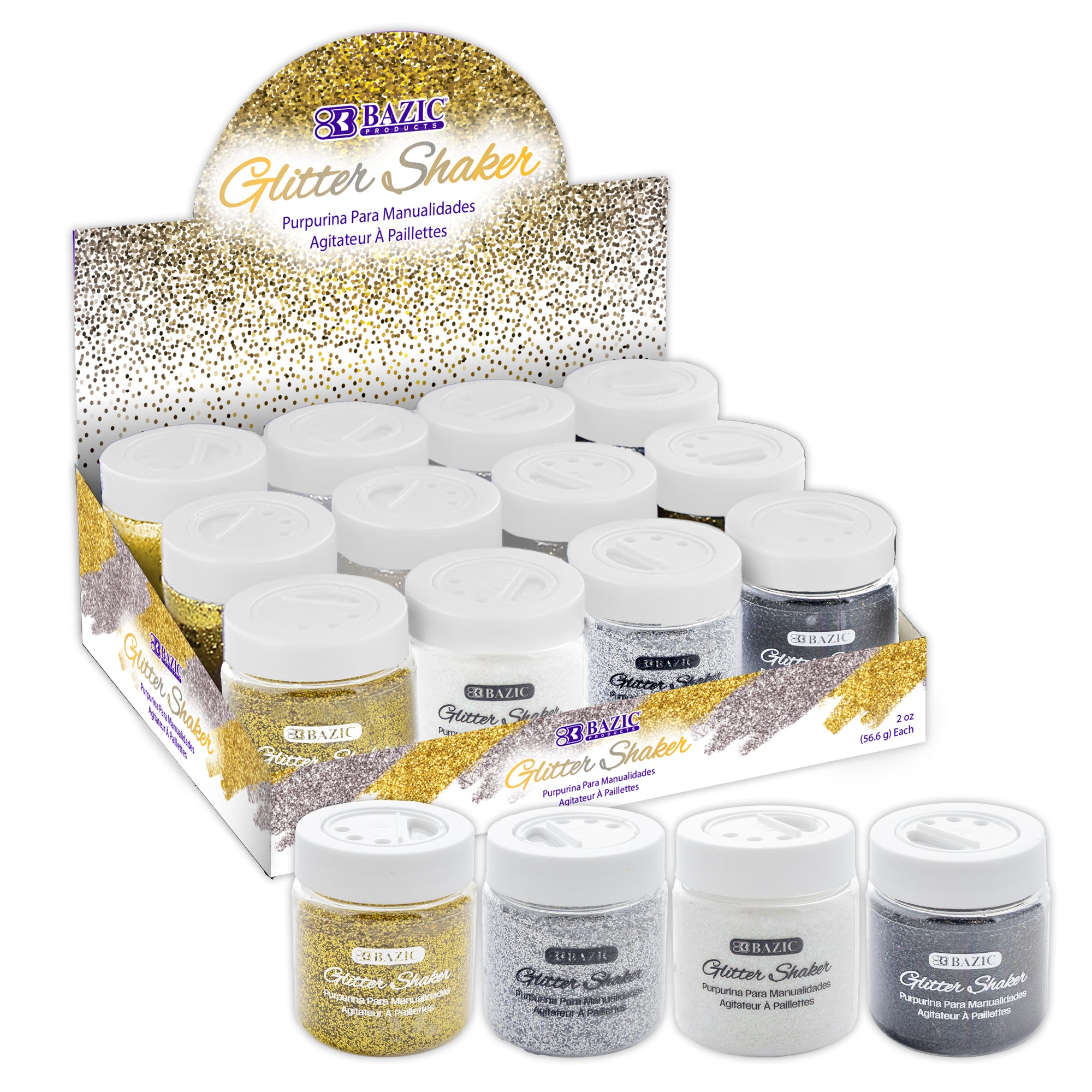 Gold and Monochrome Glitter Shakers, 2 oz