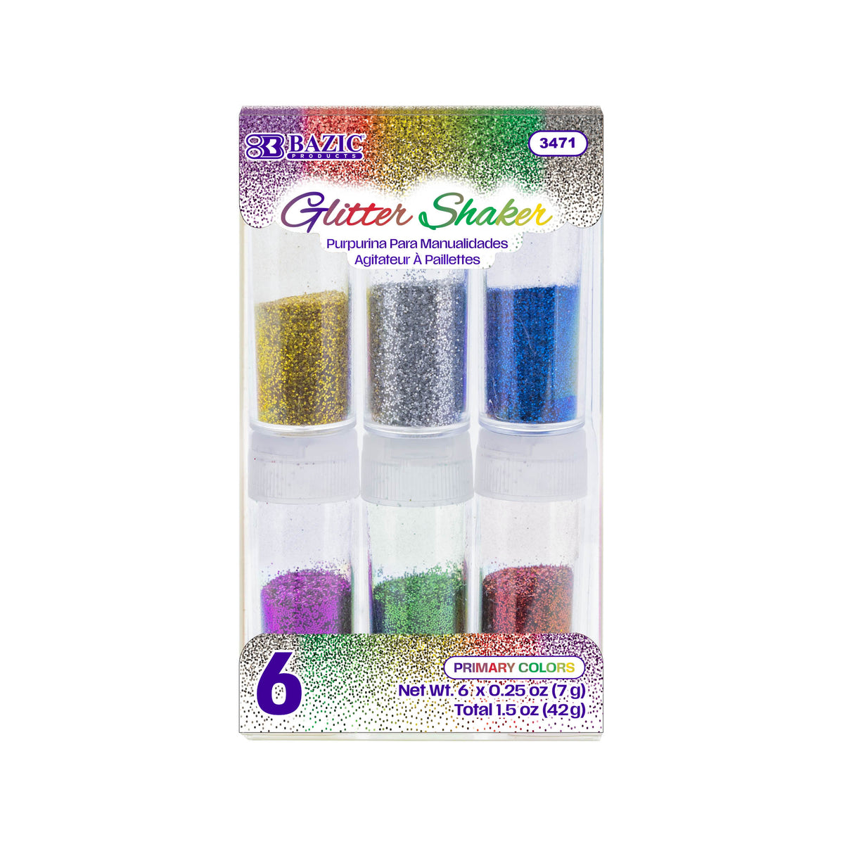0.25 oz (7g) 6 Primary Color Glitter Shaker
