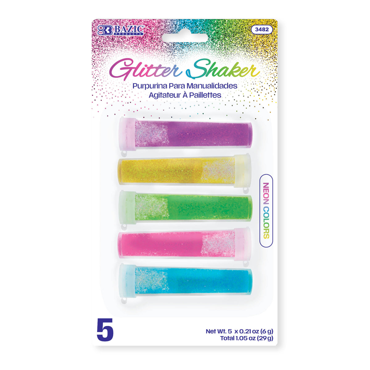 BAZIC Neon Glitter Shakers, 5 Colors, 0.21 oz