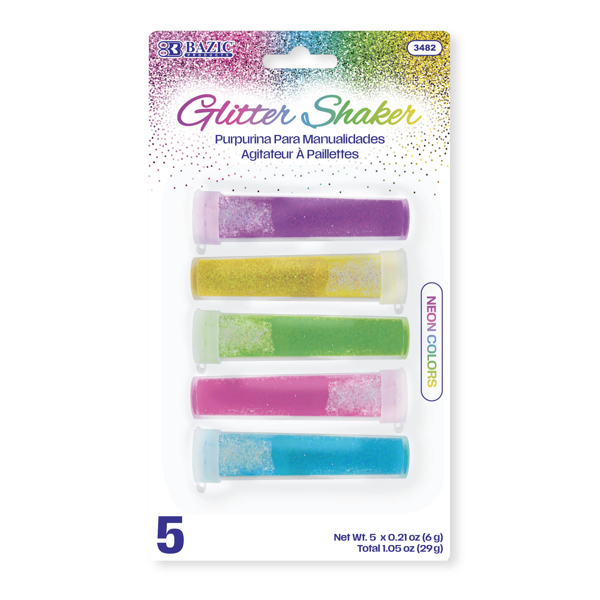 5 Neon Colors Glitter Shakers, 0.21 oz, Fine Craft Glitter
