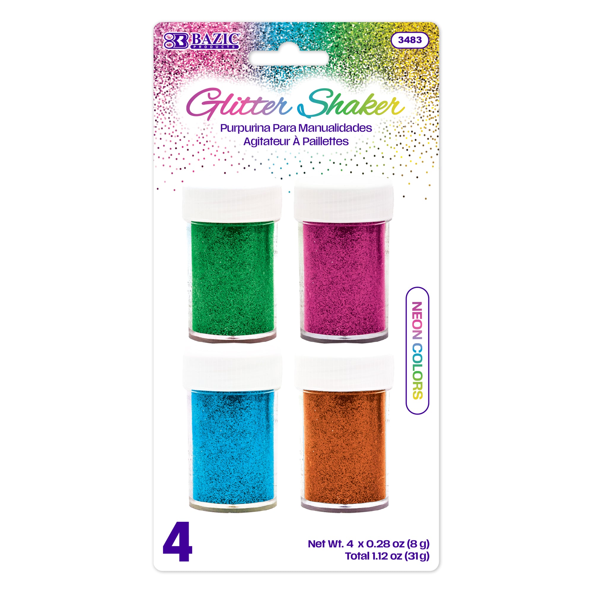 4 Neon Colors Glitter Shakers, 0.28 oz, Fine Craft Glitter