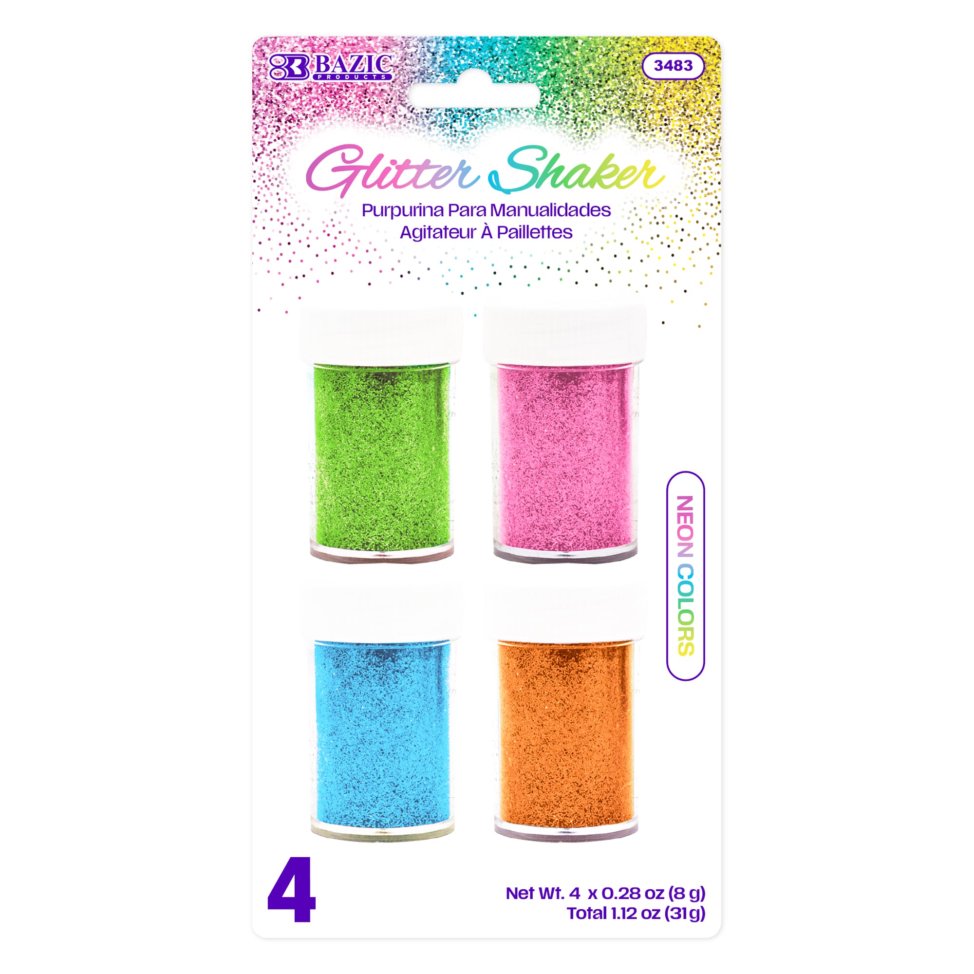 Neon Glitter Shakers, 4 Colors, 0.28 oz
