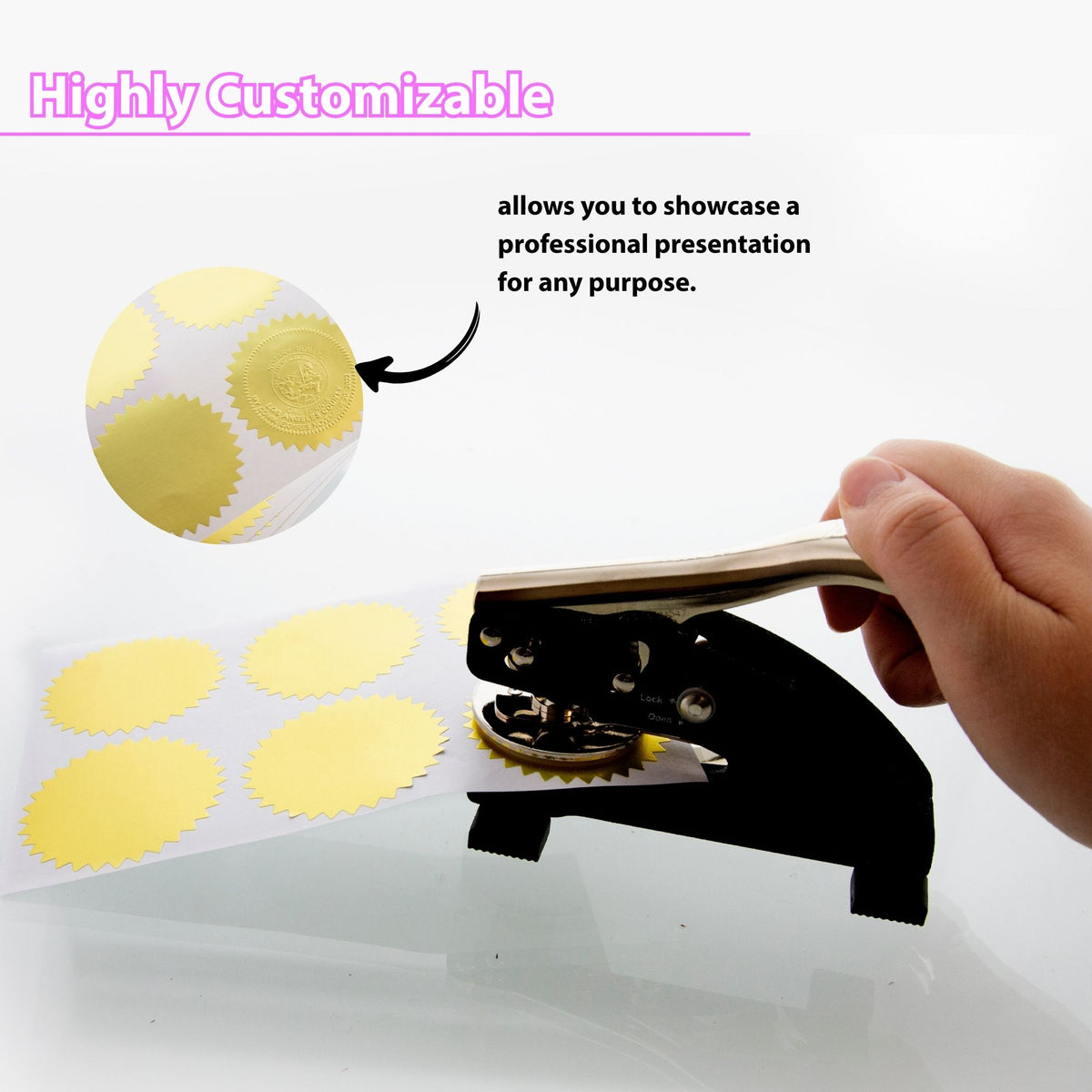 Highly customizable gold seals for a professional presentation for any purpose, shown with a hand-operated embosser.