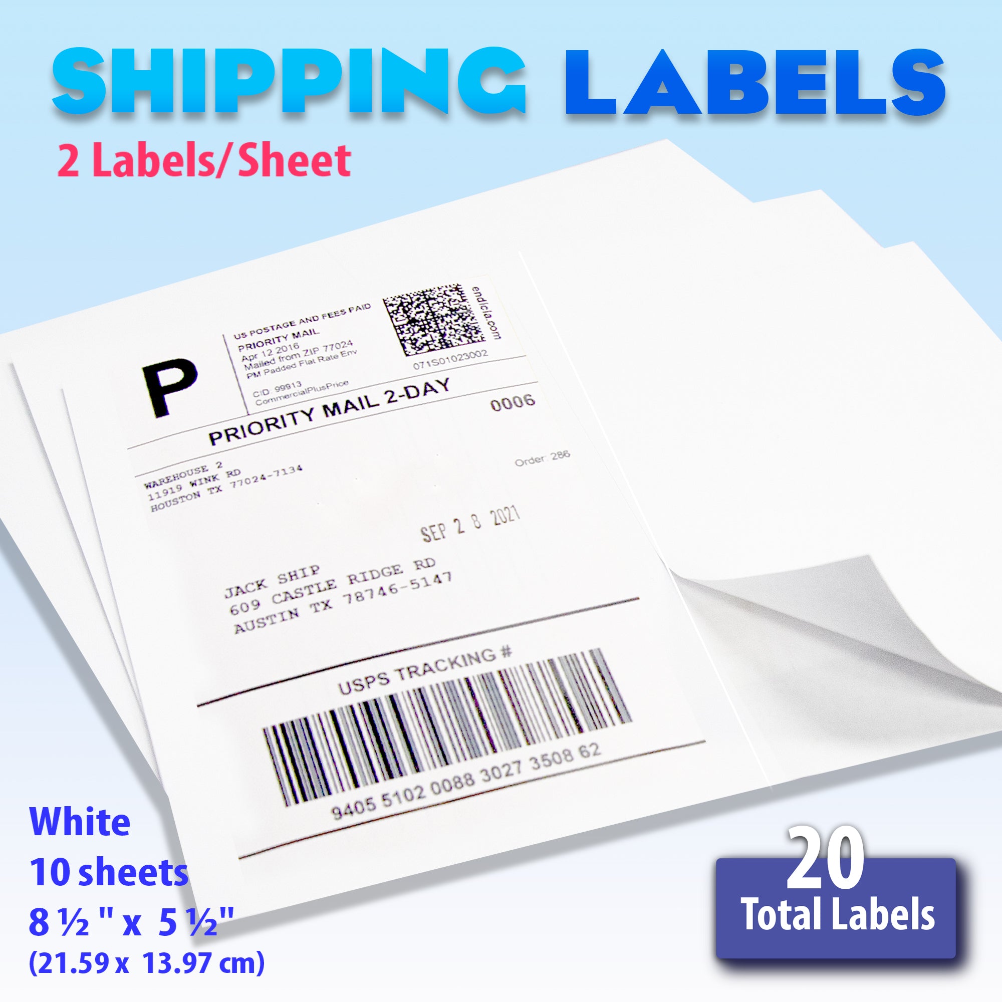 White Shipping Labels, 20 Pack, 8 1/2 x 5 1/2 in